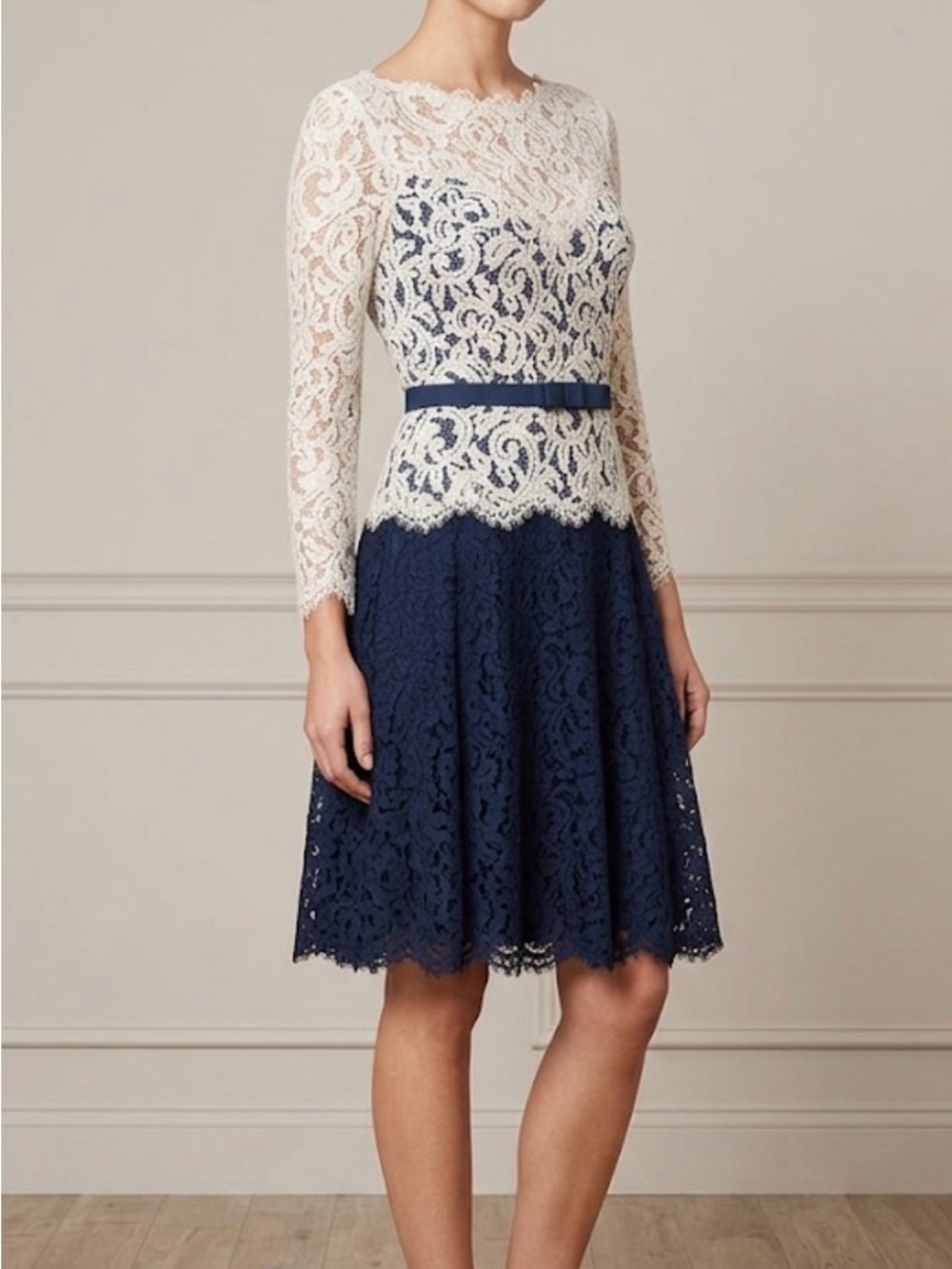 Tadashi Shoji Navy Blue Ivory Lace Illusion Belted Sheath Dress Formal 12 L